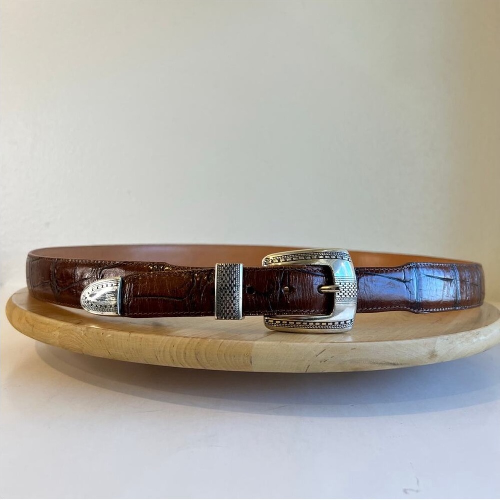 Vintage 90s Onyx Brighton Brown Genuine Leather USA Made Silver Tipped Belt XL